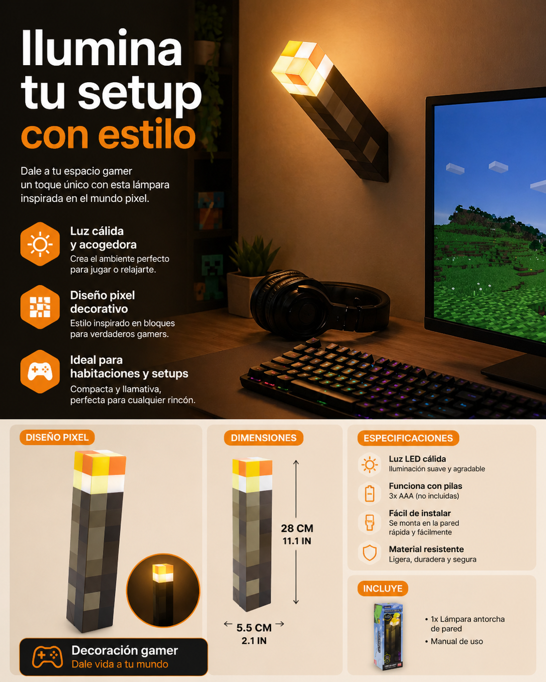 Lámpara de Minecraft – Antorcha LED con Cambio de Color