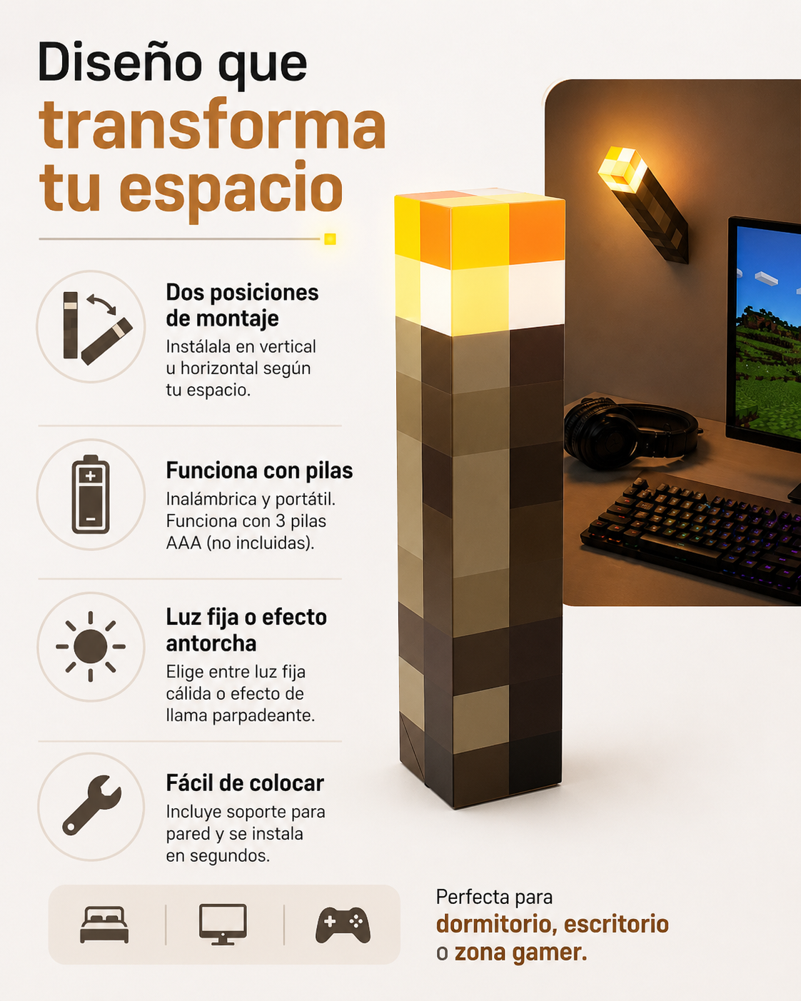 Lámpara de Minecraft – Antorcha LED con Cambio de Color