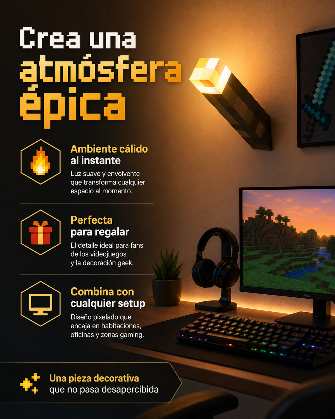 Lámpara de Minecraft – Antorcha LED con Cambio de Color